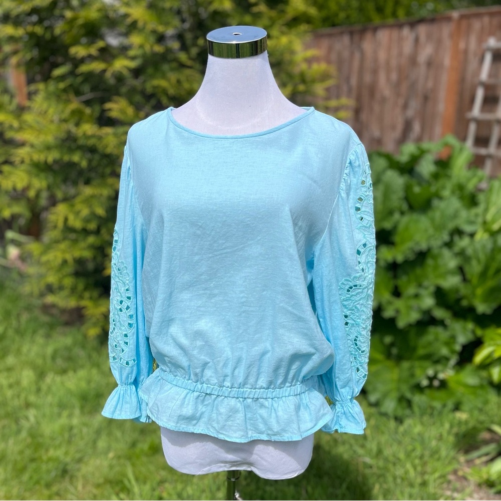 Anne Carson Blue‎ Lace Beachy Boho Coastal Lagenlook Linen Top Medium